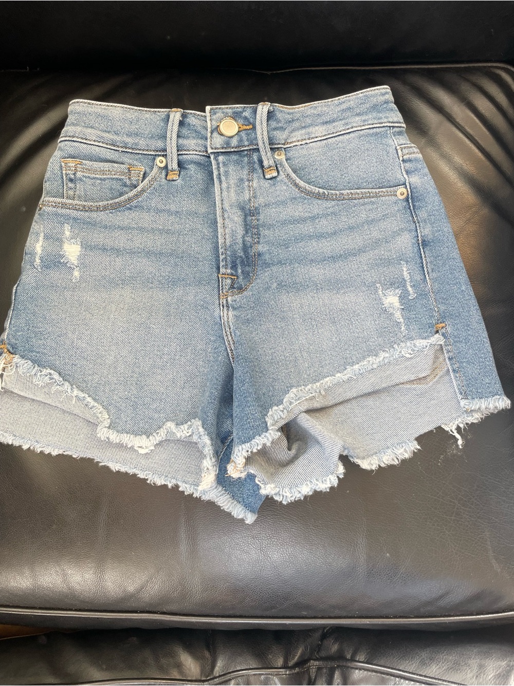 Good American Light Blue Frayed Hem Denim Shorts